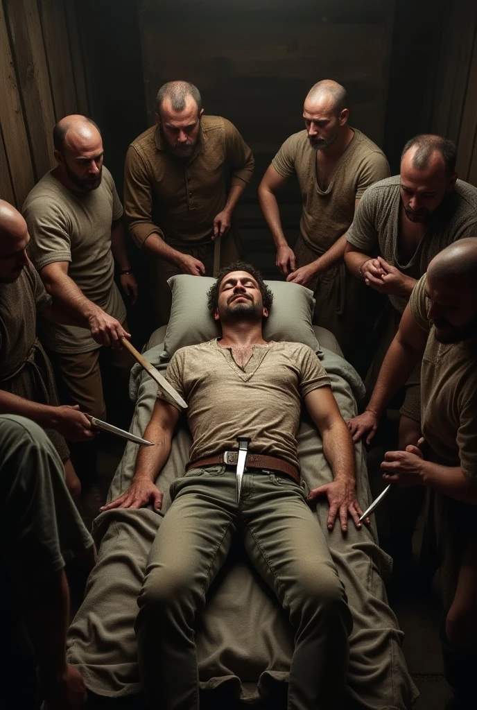 Handsome muscular shirtless man laughing and blindfolded is tied to a table, disembodied red hands tickling his body, feet focus, feet tickled, armpits tickled, tickle torture, hips tickled, ribs tickled, abs tickled, hands everywhere:1.1, (hands all over body), dungeon background with red rocks 