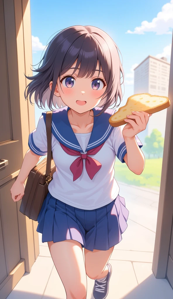 （masterpiece、high quality、High image quality、4K、8k、 Details）、Japanese high school girls（Beautiful Face、Shining Eyes、Disheveled Hair、Well-proportioned body、Running）but、 holding a slice of sliced bread 、 light and adorable anime style 、Holding a bag in one hand 、 running with momentum 、 how to run with momentum 、 slept and couldn't even eat breakfast and seemed to be late for school 、 wearing a classic sailor suit 、 running out of the house in a hurry 、 captured the lively and charming atmosphere of that moment、 using bright and soft colors 、