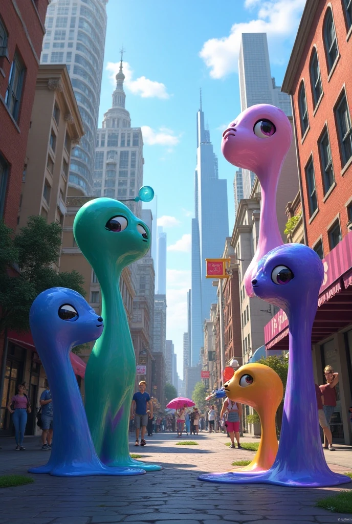 Make a humanoid dolphin and a humanoid tiger stroll in New York. Pixar style poster