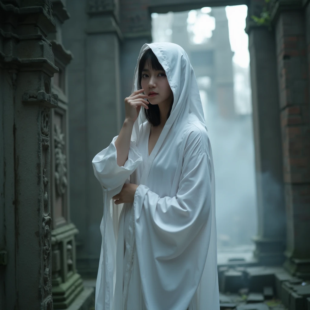 A slender young East Asian woman stands in an ancient temple ruin, wearing a hooded white robe made of soft, flowing fabric. The hood is draped over her head, casting gentle shadows over her face. She holds one hand partially covering her face in a mysterious gesture. The robe is fastened with a delicate brooch, and the fabric flows elegantly, with soft, intricate folds.

The scene is set during twilight or early morning, with dim, atmospheric lighting. The background is an ancient, crumbling temple ruin, with weathered stone pillars and detailed carvings. Mist and fog subtly drift through the ruins, adding an eerie and mystical atmosphere. The light is soft, with a faint glow filtering through cracks in the stone structure, giving the scene a serene yet haunting ambiance. The ruins should be detailed and textured, contrasting with the smooth, delicate fabric of the woman’s robe.