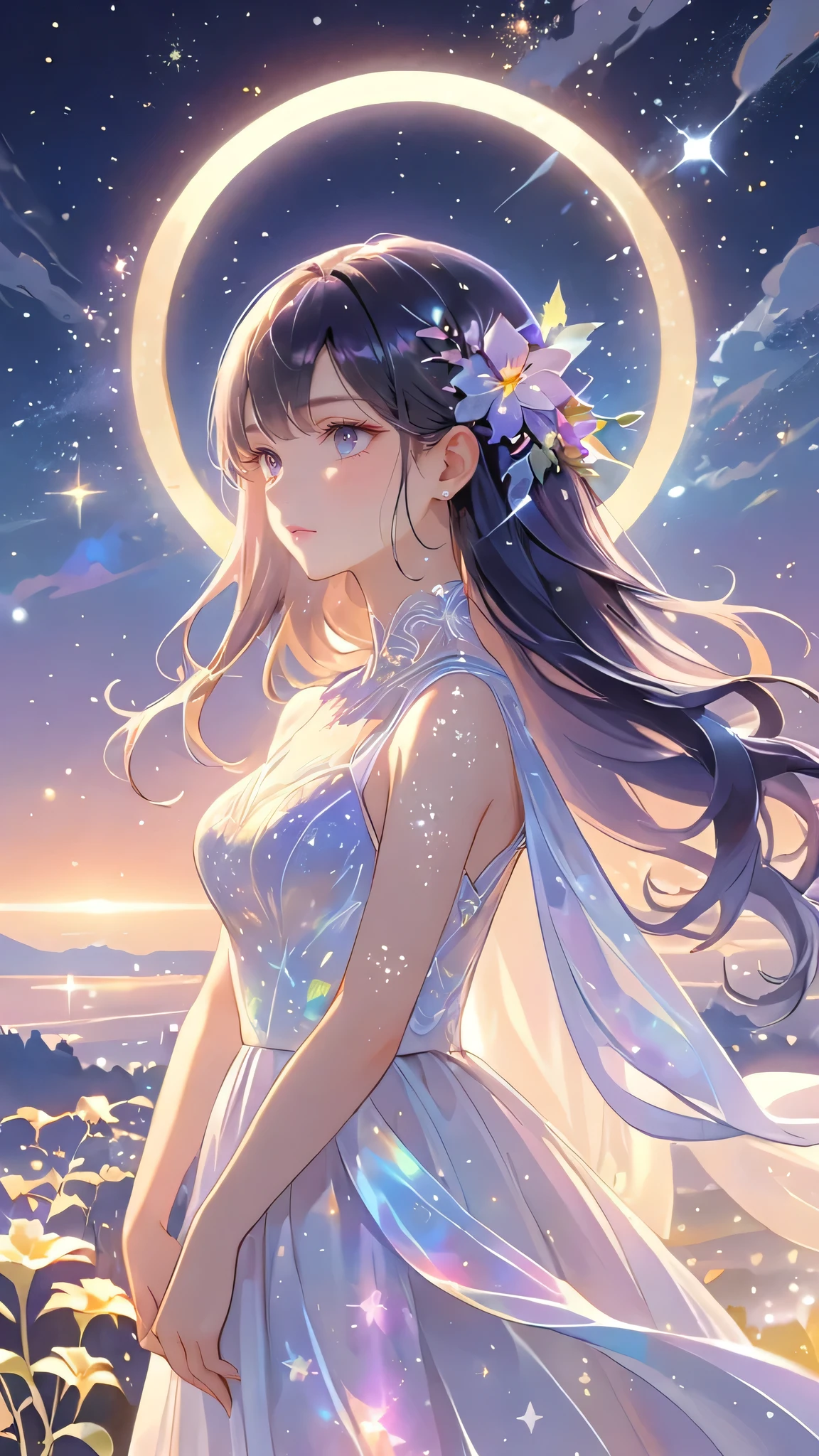 A girl standing alone under the starry night sky, with her silhouette illuminated by the soft moonlight and twinkling stars. Her face is beautifully detailed, with mesmerizing eyes that seem to reflect the universe itself, long and fluttering eyelashes, and exquisitely defined lips. She has very long dark navy hair that shimmers like the starry sky and is dressed in an elegant gown, flowing and ethereal, embracing hegure gracefully as it glimmers with a subtle celestial glow. The intricate details of her dress catch the faint starlight, creating a mesmerizing sparkle. The surrounding landscape showcases a serene garden, lush with vibrant foliage and colorful flowers. The air is filled with a gentle breeze, causing the leaves to rustle and the flowers to sway delicately. The garden is bathed in a warm, dreamy color palette, with hues of deep blues, purples, and hints of silver. The atmosphere is calm and tranquil, evoking a sense of peace and serenity. The artwork is of the highest quality, meticulously created with ultra-detailed brushstrokes and precise attention to every element. The texture and depth of the painting are breathtaking, with a sense of realism and photorealism that captures the awe-inspiring beauty of the night sky. The lighting is soft and diffused, casting a gentle glow over the entire scene, enhancing the magical ambiance. The girl's presence radiates a sense of mystery and wonder, as if she holds a secret connected to the celestial beings above. The overall composition evokes a feeling of timelessness and captures the essence of a StarSign, an artwork that embodies the celestial beauty and inner strength of a girl in harmony with the stars.