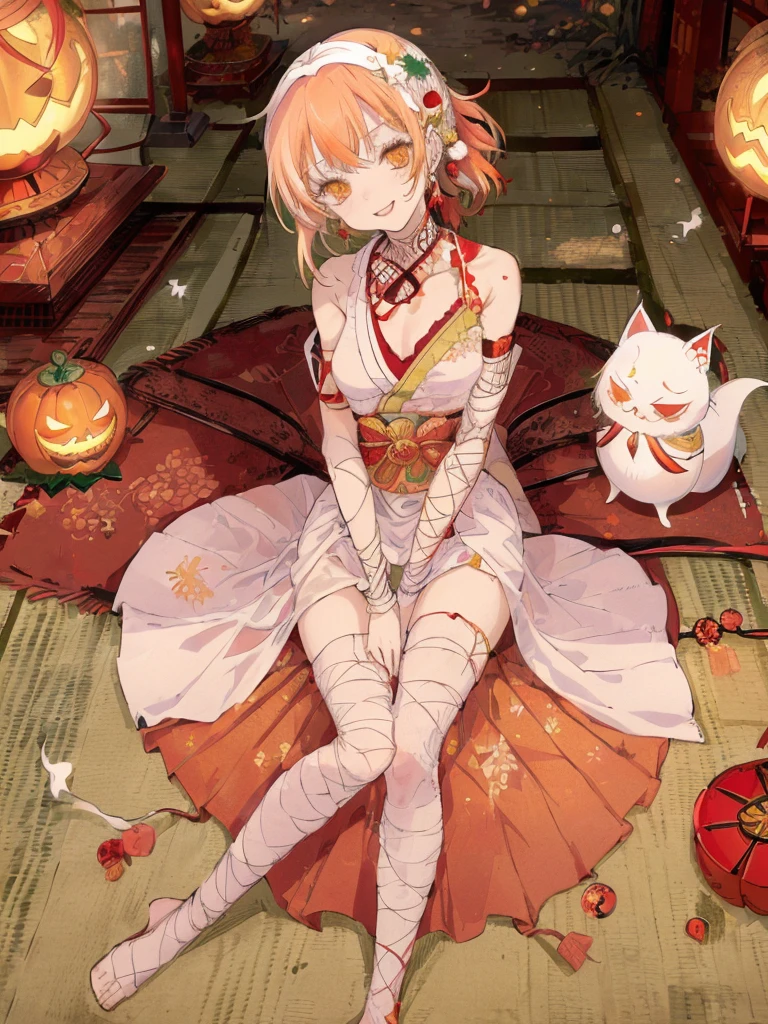 (((  best quality)), ((masterpiece)), ( Details), (shrine,  Japanese festival:1.2),  one mummy girl ,Golden Eyes, Green Skin, red hair,  Side Tails,Bandaged arm, bandaged legs ,Bandaged Head,Bandaged neck,Bandaged Chest,Open white kimono , sleeveless,Asymmetrical bangs, Crazy Smile ,Red lips,Zombie Makeup,Showing teeth, opens her mouth,  slim figure, Thin chest,Chibi ,Japanese bat lanterns,Mini Ghost,Little white fox ,Sit on the floor with your knees raised to your chest ,I have a basket filled with candy,Jack-o-lantern, focus on the face, high angle shot 