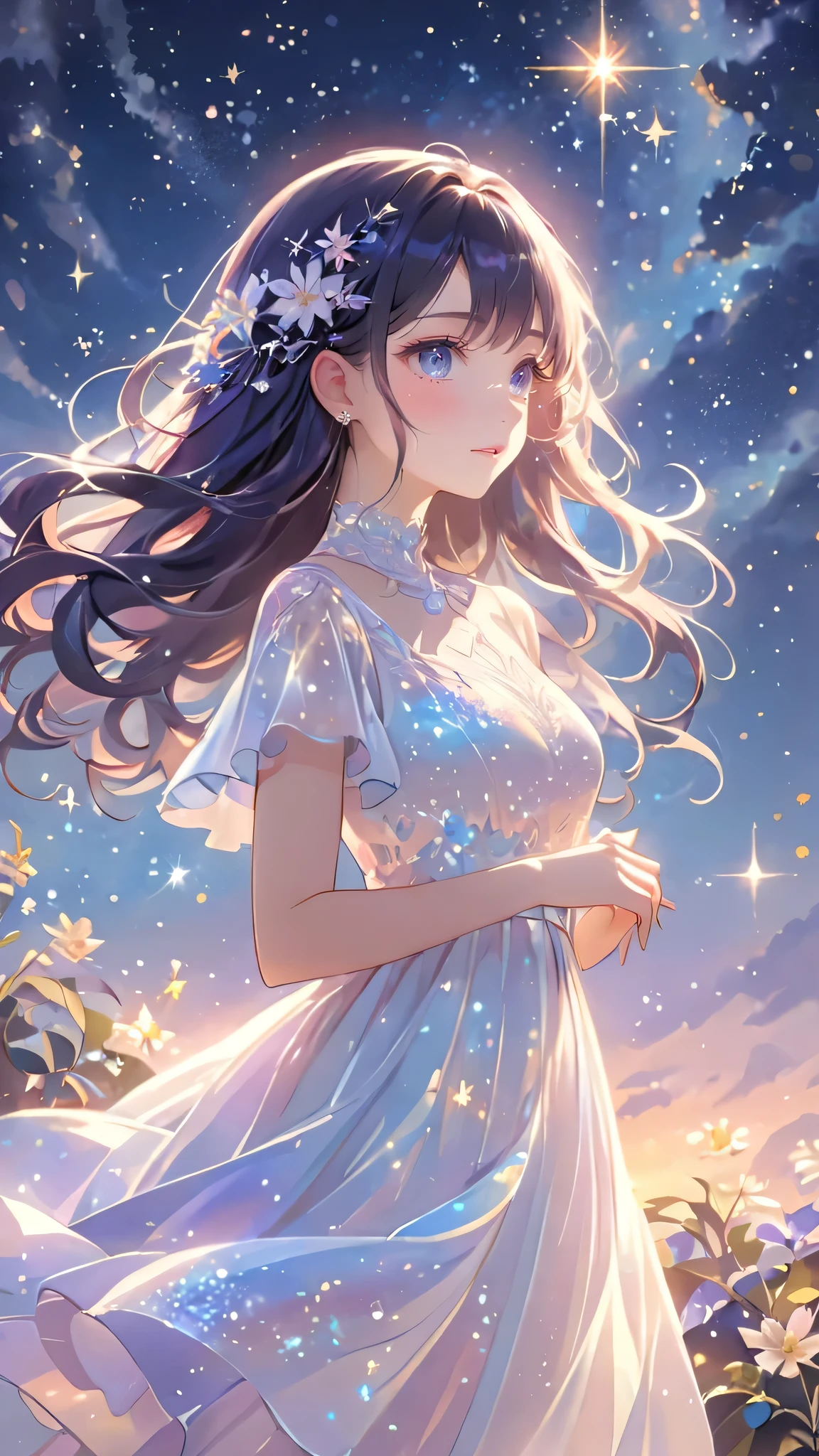 A girl standing alone under the starry night sky, with her silhouette illuminated by the soft moonlight and twinkling stars. Her face is beautifully detailed, with mesmerizing eyes that seem to reflect the universe itself, long and fluttering eyelashes, and exquisitely defined lips. She has very long dark navy hair that shimmers like the starry sky and is dressed in an elegant gown, flowing and ethereal, embracing hegure gracefully as it glimmers with a subtle celestial glow. The intricate details of her dress catch the faint starlight, creating a mesmerizing sparkle. The surrounding landscape showcases a serene garden, lush with vibrant foliage and colorful flowers. The air is filled with a gentle breeze, causing the leaves to rustle and the flowers to sway delicately. The garden is bathed in a warm, dreamy color palette, with hues of deep blues, purples, and hints of silver. The atmosphere is calm and tranquil, evoking a sense of peace and serenity. The artwork is of the highest quality, meticulously created with ultra-detailed brushstrokes and precise attention to every element. The texture and depth of the painting are breathtaking, with a sense of realism and photorealism that captures the awe-inspiring beauty of the night sky. The lighting is soft and diffused, casting a gentle glow over the entire scene, enhancing the magical ambiance. The girl's presence radiates a sense of mystery and wonder, as if she holds a secret connected to the celestial beings above. The overall composition evokes a feeling of timelessness and captures the essence of a StarSign, an artwork that embodies the celestial beauty and inner strength of a girl in harmony with the stars.