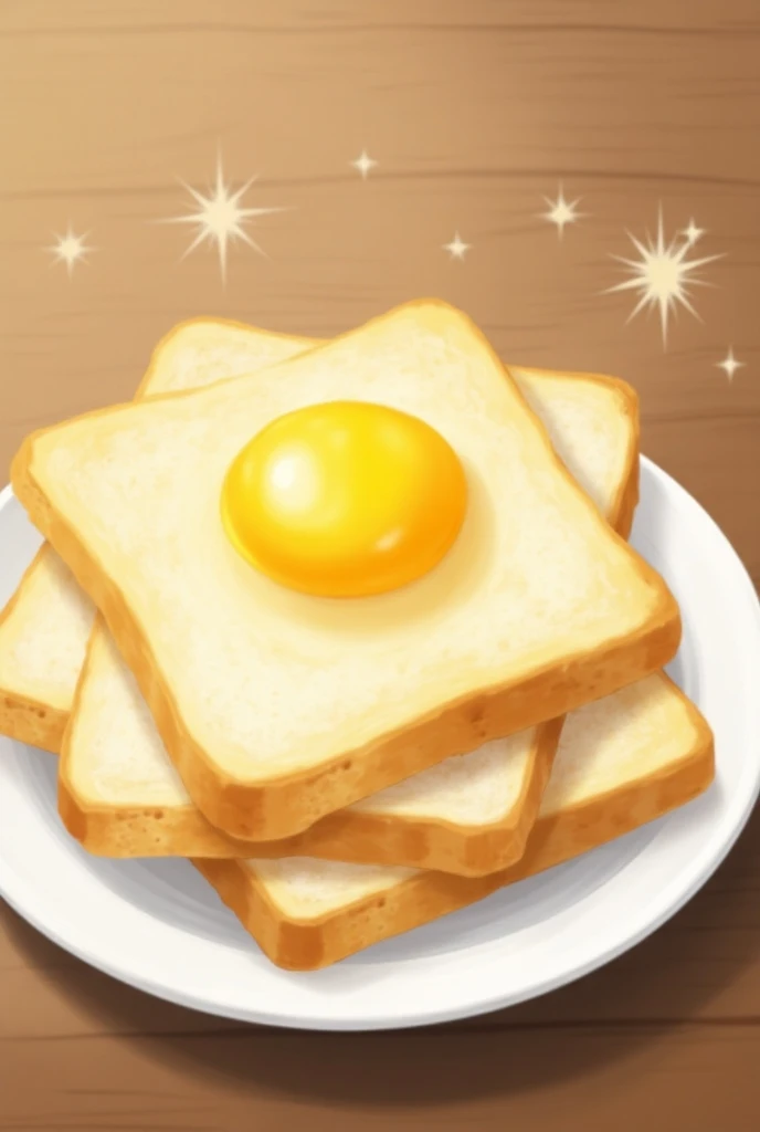 Japanese Bread, Cut from chunks, Put it on a plate and put a fried egg on it, sparkle, anime, high details, masterpiece, UHD, highres