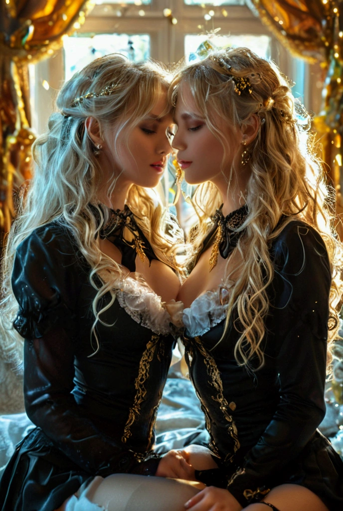 Hyperrealistic photography of two women kissing, in the pouring rain, wet hair, water running over clothes, water running over body, 30-year-old women covered with oil, Lena Meyer district administrator, black transparent underbust corset, ruffles, tulle skirt transparent smeared with oil, high heels sandals smeared with oil, black fishnet tights, transparent tulle blouse, the entire body is oiled,  the blonde curly hair dripping with oil, the clothes shine oily transparent, high quality, realistic lighting, center of the image, hourglass proportions, 8k, HDR, BDSM, medium breast size, tinted, professional photography of a woman, natural skin texture oily shiny, 4K textures, Adobe Lightroom, Photolab, HDR, complicated, elegant, very detailed, sharp focus, insane details, intricate details, hyper-detailed, bright cinema light, outdoor atmosphere, chin pulled up,  (exposed abdomen: 1.8 ), (long-distance), dominant facial expression