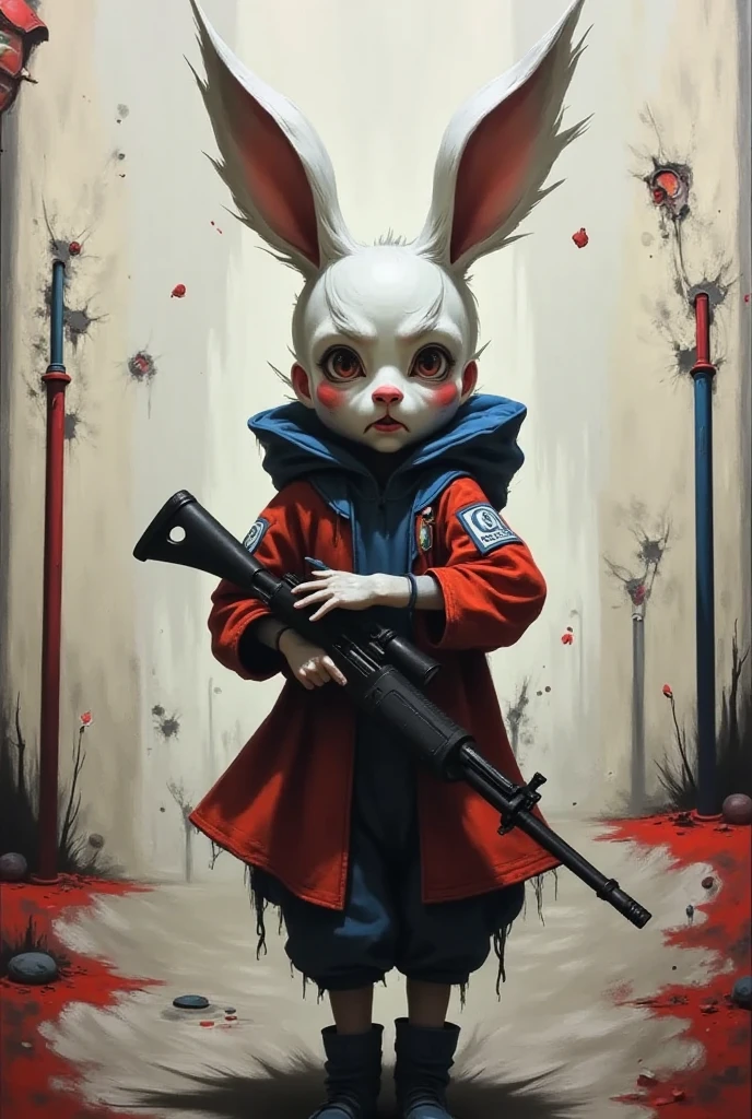 rough brushwork in oil painting 、( best quality),(masterpiece:1.2), (colorful:0.9), rabbit costume wearing a full-faced rubber gas mask、 with an open front and an assault rifle 、At a ruined amusement park 