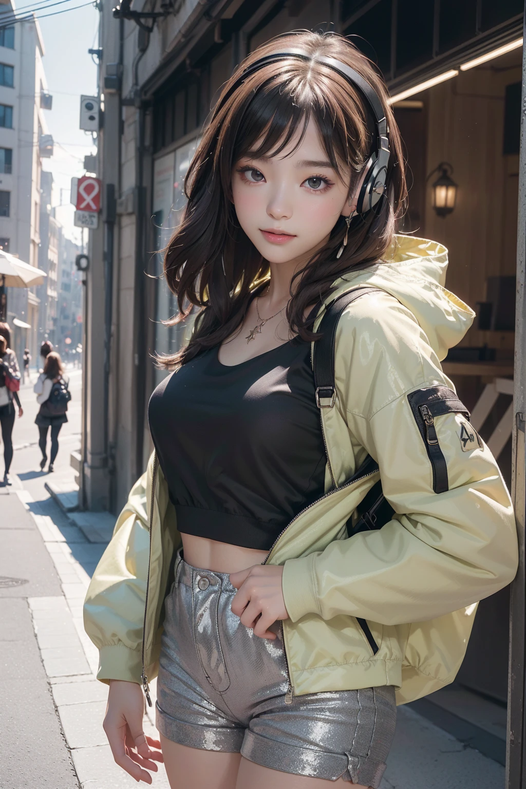 (((top-quality, 8K,超A high resolution、ultra-detailliert))),1girl in,female high-school student,a beauty girl,Street attire,((Hooded Neon Over Jacket,shortpants,backpack))、((Wearing large headphones around your neck))、(Shorthair with light brown hair,Colorful Extended Hair),perfectbody,skinny, Tied waist,Beautiful face, acurate, Anatomically correct, Highly detailed face and skin texture, Big eyes drawn in detail, Double eyelids, Thin eyebrows, Glitter Eyeliner: 1 Natural cheeks, Glossy skin, Fair skin: 1.2, (Glossy lips: 1.4),Highly detailed facial and skin texture, Detailed eyes, Double eyelids, Natural cheeks, , shiny lips: 1.4,Simple necklace and earrings,Smile and watch the viewer,Walking in the city,【Not blurry,profetional lighting,Professional effects、(masutepiece: 1.3), (max resolution: 1.2), (Ultra HDTV: 1.2),octanerender, Fujifilm X100, Intense cinematic shots, Shallow depth of field, Volumetric lighting, kintsugi,(8K、Raw photography、​masterpiece:1.4)、(realisitic、Photorealsitic:1.37)、Shot with CineStill 800T、(Extreme top quality:1.3)、((depth of fields:))、absurderes、(超A high resolution、extremery detailed CG、hight resolution、realisitic、ultra-detailliert、a picture、A hyper-realistic、ultra-detailliert、Cinematic atmosphere、8K UHD、insanely detaileda、trending on artstationh、awardwinning photo、extremely detailed photo、hight resolution:1.5)】No tags or text, cleavage, massive boobs, off shoulder, wearing belt, short skirt, bending over