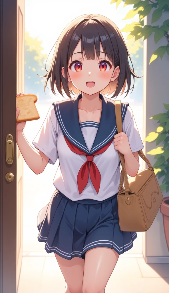 （masterpiece、high quality、High image quality、4K、8k、 Details）、Japanese high school girls（Beautiful Face、Shining Eyes、Disheveled Hair、Well-proportioned body、Running）but、 holding a slice of sliced bread 、 light and adorable anime style 、Holding a bag in one hand 、Get out the front door of the house、 how to run with momentum 、 slept and couldn't even eat breakfast and seemed to be late for school 、 wearing a classic sailor suit 、 running out of the house in a hurry 、 captured the vibrant and charming atmosphere of that moment、 using bright and soft colors 、