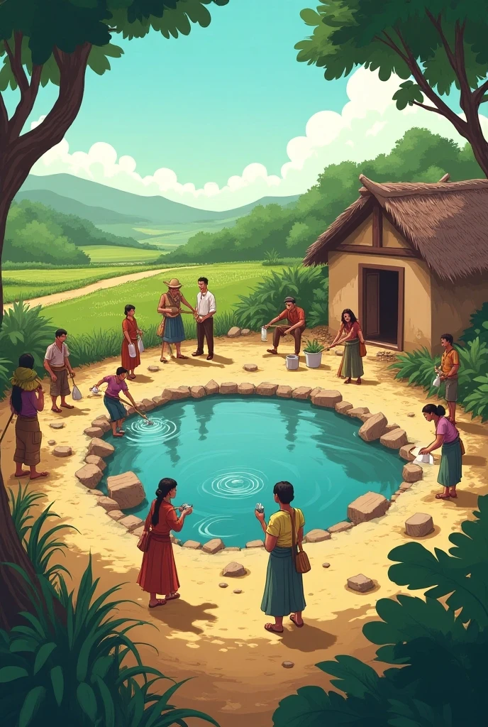 Daily Village Life: Villagers going about their daily tasks—women drawing water from a well with clay pots, men working in the fields with farming tools, and children playing with handmade toys.