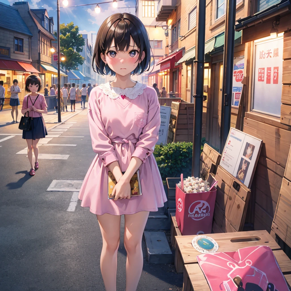 masterpiece,  best quality,  High Resolution ,  very detailed,  detailed background, Cinema Lighting,  1 girl, source_shizuka, bangs, Short Hair, pink shirt, frown, Shop, street,  viewers almost at night, Full Body, day光, dappled day光, day,  outdoor , Park, Full Body,  blushes, 