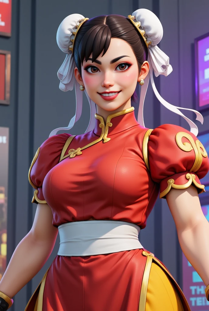 A fortnite skin of Chun Li of street fighter, Alexami with a vibrant smile 