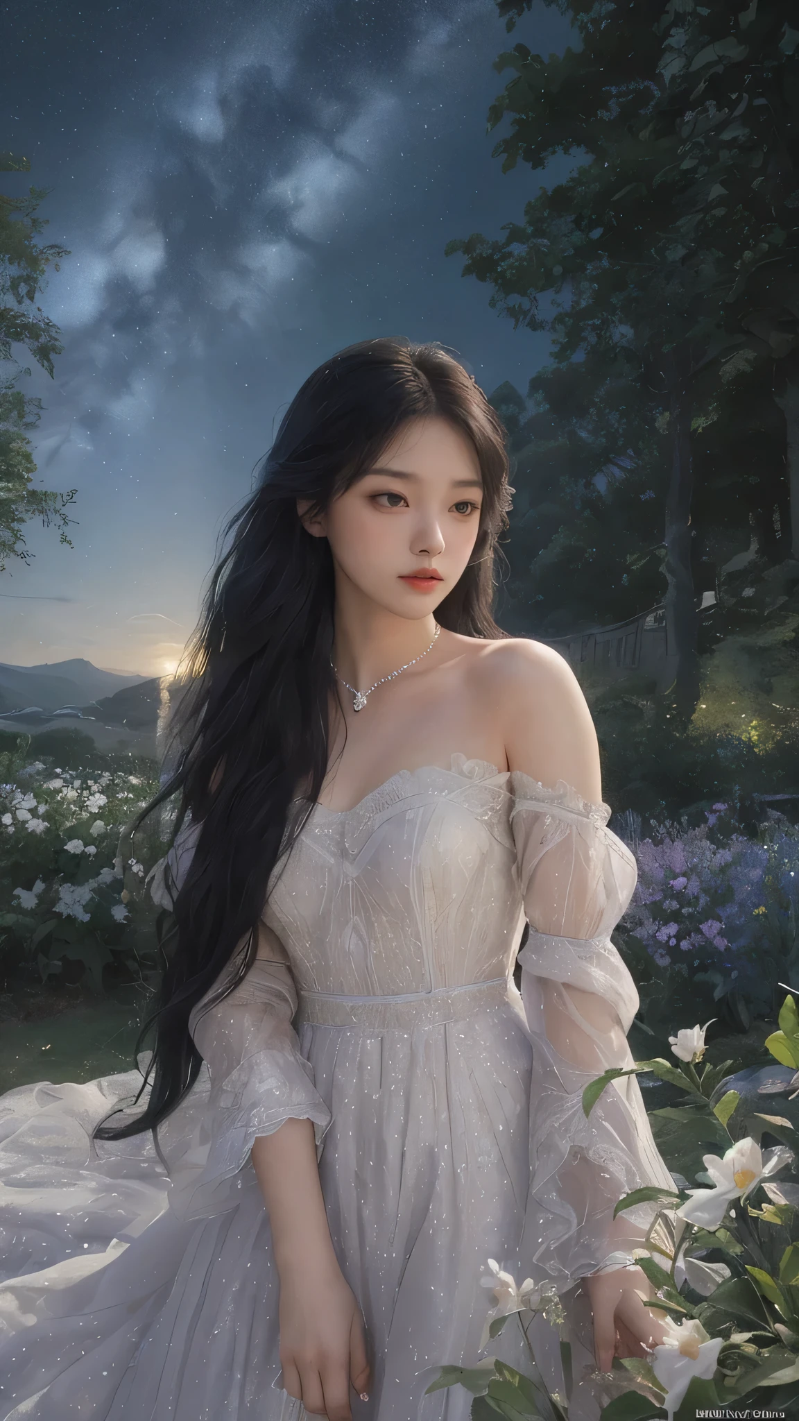 A girl standing alone under the starry night sky, with her silhouette illuminated by the soft moonlight and twinkling stars. Her face is beautifully detailed, with mesmerizing eyes that seem to reflect the universe itself, long and fluttering eyelashes, and exquisitely defined lips. She has very long dark navy hair that shimmers like the starry sky and is dressed in an elegant gown, flowing and ethereal, embracing hegure gracefully as it glimmers with a subtle celestial glow. The intricate details of her dress catch the faint starlight, creating a mesmerizing sparkle. The surrounding landscape showcases a serene garden, lush with vibrant foliage and colorful flowers. The air is filled with a gentle breeze, causing the leaves to rustle and the flowers to sway delicately. The garden is bathed in a warm, dreamy color palette, with hues of deep blues, purples, and hints of silver. The atmosphere is calm and tranquil, evoking a sense of peace and serenity. The artwork is of the highest quality, meticulously created with ultra-detailed brushstrokes and precise attention to every element. The texture and depth of the painting are breathtaking, with a sense of realism and photorealism that captures the awe-inspiring beauty of the night sky. The lighting is soft and diffused, casting a gentle glow over the entire scene, enhancing the magical ambiance. The girl's presence radiates a sense of mystery and wonder, as if she holds a secret connected to the celestial beings above. The overall composition evokes a feeling of timelessness and captures the essence of a StarSign, an artwork that embodies the celestial beauty and inner strength of a girl in harmony with the stars.