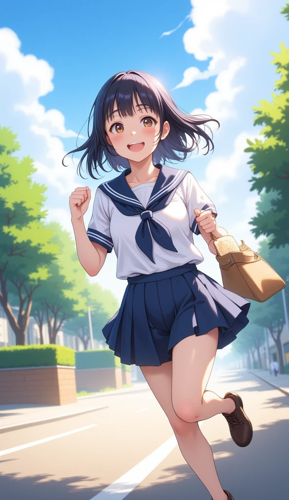 （masterpiece、high quality、High image quality、4K、8k、 Details）、Japanese high school girls（Beautiful Face、Shining Eyes、Disheveled Hair、Well-proportioned body、Running）but、 holding a slice of sliced bread 、 light and adorable anime style 、Holding a bag in one hand 、 how to run with momentum 、 slept and couldn't even eat breakfast and seemed to be late for school 、 wearing a classic sailor suit 、Running through a residential area 、School route、 running out of the house in a hurry 、 refreshing scenery with morning light、 captured the vibrant and charming atmosphere of that moment、 using bright and soft colors 、