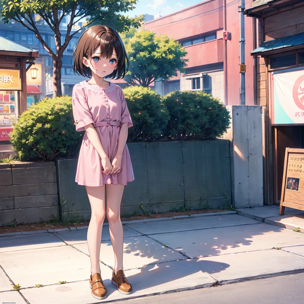 masterpiece,  best quality,  High Resolution ,  very detailed,  detailed background, Cinema Lighting,  1 girl, source_shizuka, bangs, Short Hair, pink shirt, frown, Shop, street,  viewers almost at night, Full Body, day光, dappled day光, day,  outdoor , Park, Full Body,  blushes, 