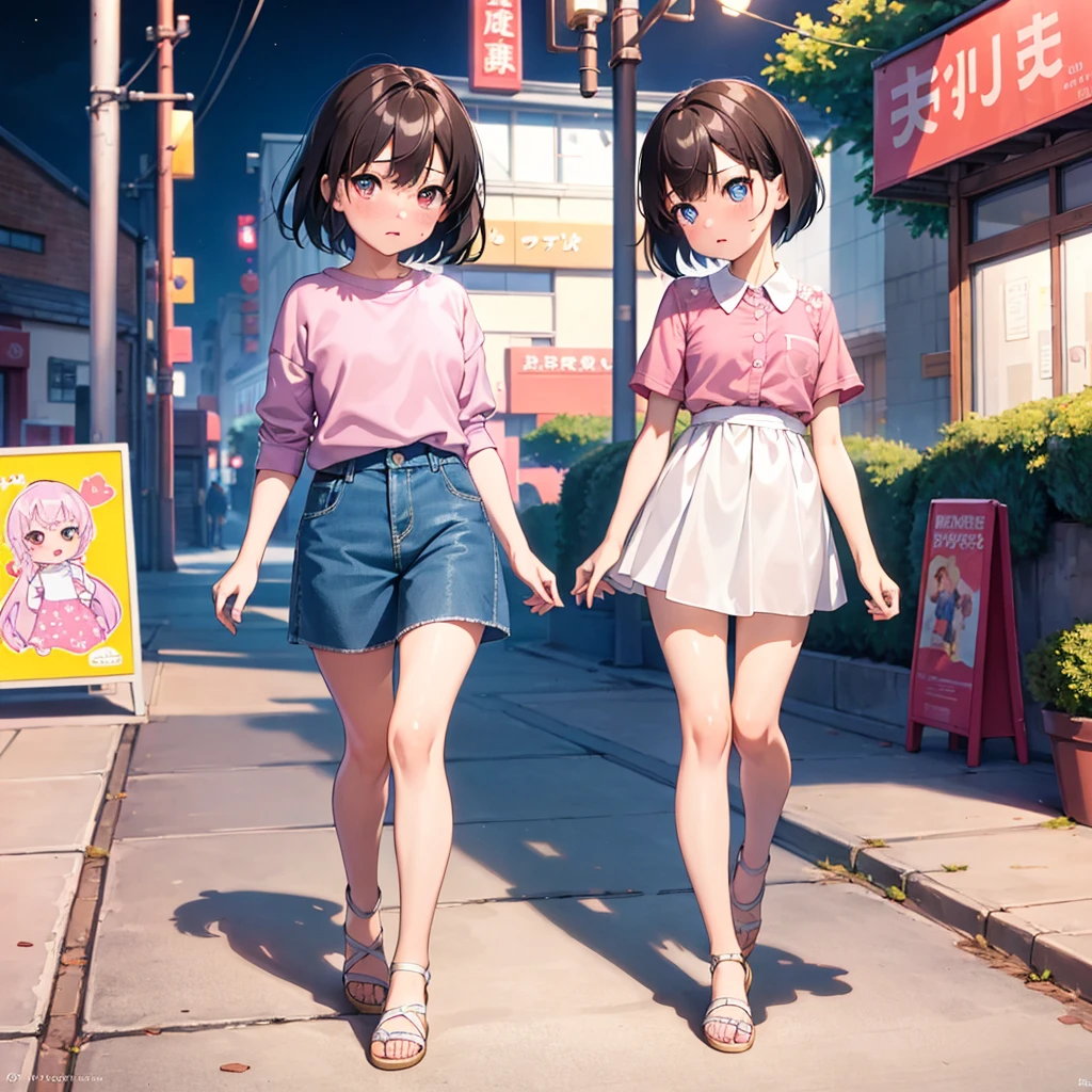 masterpiece,  best quality,  High Resolution ,  very detailed,  detailed background, Cinema Lighting,  1 girl, source_shizuka, bangs, Short Hair, pink shirt, frown, Shop, street,  viewers almost at night, Full Body, day光, dappled day光, day,  outdoor , Park, Full Body,  blushes, 