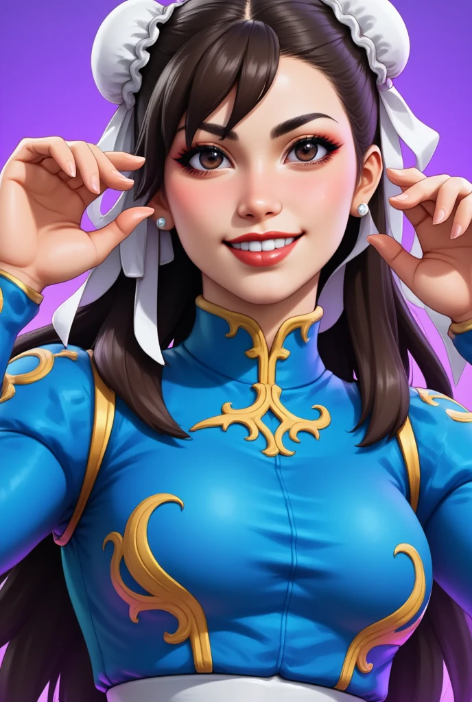 A fortnite skin of Chun Li of street fighter, Alexami with a vibrant smile, blue costume 