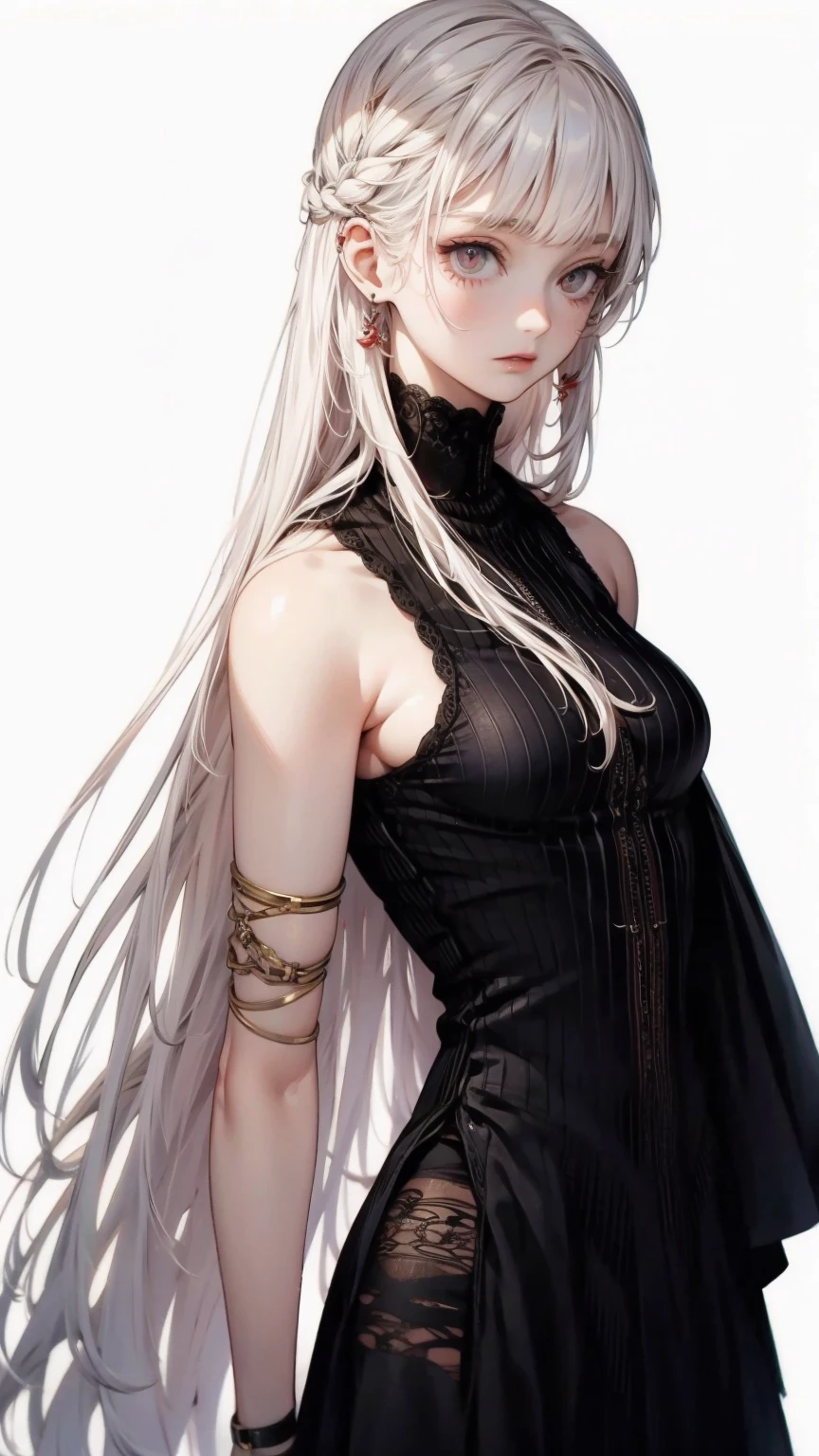 (lifelike, high - resolution:1.3), 1 girl with a perfect body,slender body, Super fine face and eyes,assasin, dark makeup, shiny skin,white hair, (surrounded by monster, pig man), demons, beautiful captured girl, horror, dark, sexy, rough, , bdsm, golden chains, (golden leash), collar, beautiful bodies, slim, horror style, highly detailed faces, red silk underware, stockings, leather tight boots, closeup