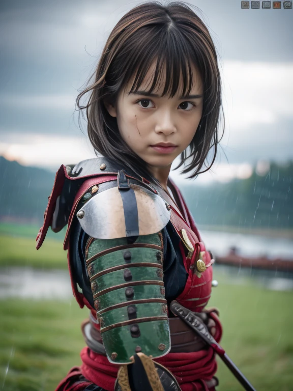 (Close up portrait of one slender small breasts round face brown short hair with bangs girl in a green colored dirty bloody armor warrior as samurai in Japan at raining:1.5)、(One girl hold Japanese traditional white blade sword on hand under the raining sky on the grassland in old Japan with crying dirty bloody face:1.5)、(Heavy raining dark sky:1.5)、(blurred background:1.5)、(Natural light:1.5)、(8k ultra detailed master piece:1.5)、(perfect anatomy:1.5)、(Photorealistic stick:1.5)、(Raw photo:1.3)、(highest quality:1.5)、(High resolution:1.3)、(Delicate and beautiful perfect face:1.3)、(Delicate and beautiful eye air skin:1.3)、(Real Human Skin:1.3)、((thin legs))