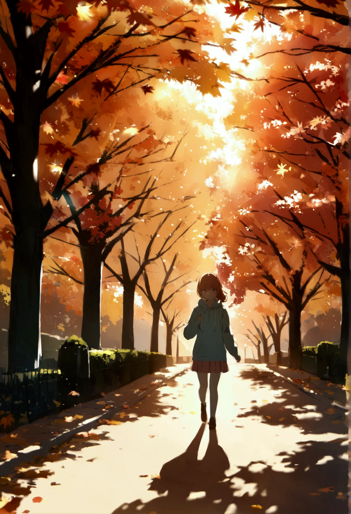 autumn、Autumn leaves tree々Girl walking in the park 、 hoodie,  cinematic plan