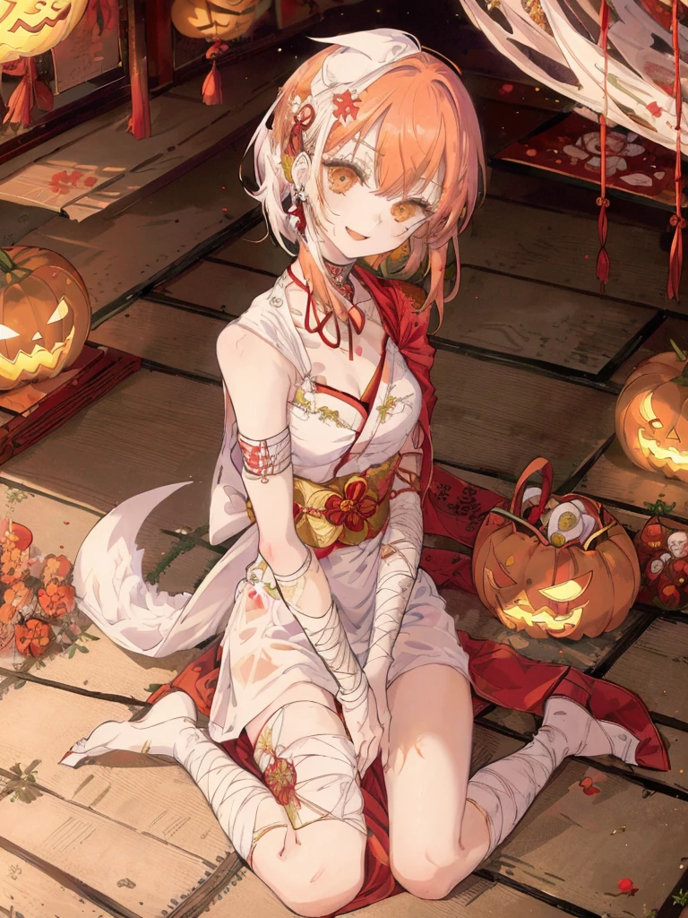 (((  best quality)), ((masterpiece)), ( Details), (shrine,  Japanese festival:1.2),  one mummy girl ,Golden Eyes, Green Skin, red hair,  Side Tails,Bandaged arm, bandaged legs ,Bandaged Head,Bandaged neck,Bandaged Chest,Open white kimono , sleeveless,Asymmetrical bangs, Crazy Smile ,Red lips,Zombie Makeup,Showing teeth, opens her mouth,  slim figure, Thin chest,Chibi ,Japanese bat lanterns,Mini Ghost,Little white fox , sit on the floor with your knees raised to your chest ,I have a basket filled with candy,Jack-o-lantern,Selphy