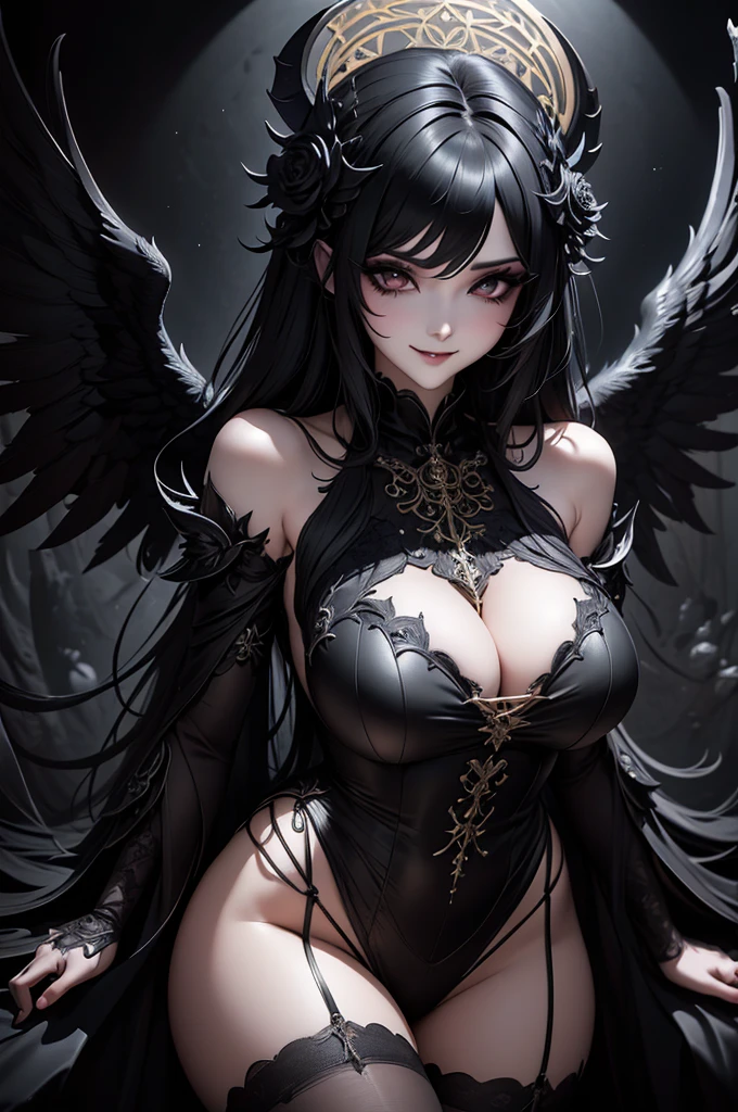 masterpiece, high resolution, ethereal,
a beautiful demon girl,
wings sprouting from her back,
nude body adorned with intricate tattoos,
red eyes glowing with otherworldly intensity,
long, flowing hair,
seductively posing with a wicked smile,
surrounded by swirling, smoky darkness.

(background: enchanted forest, moonlit landscape, twinkling stars)