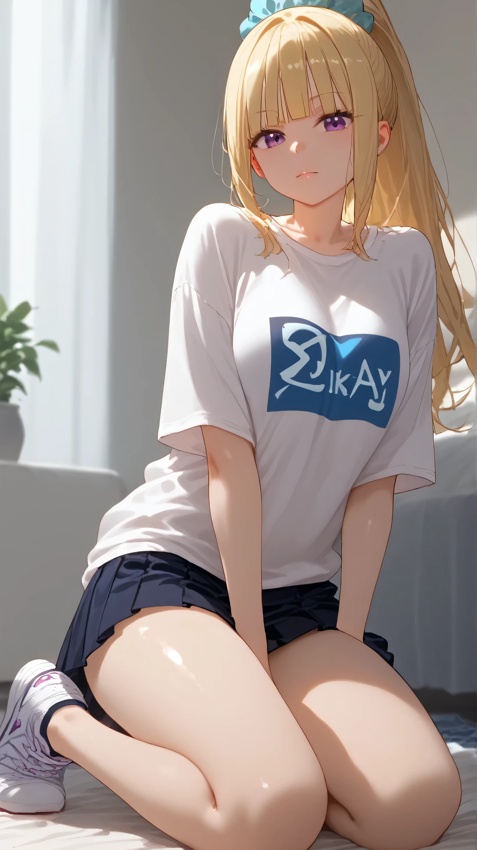 score_9,score_8_up,score_7_up, skiny skin, 1girl, KeiKaruizawa, Kei Karuizawa, bangs, blunt bangs, ponytail hair, violet eyes, blonde hair, blue scrunchie, shoft pink oversized shirt, shirt, Black A-line mini skirt, skirt, sneakers, white sneakers
