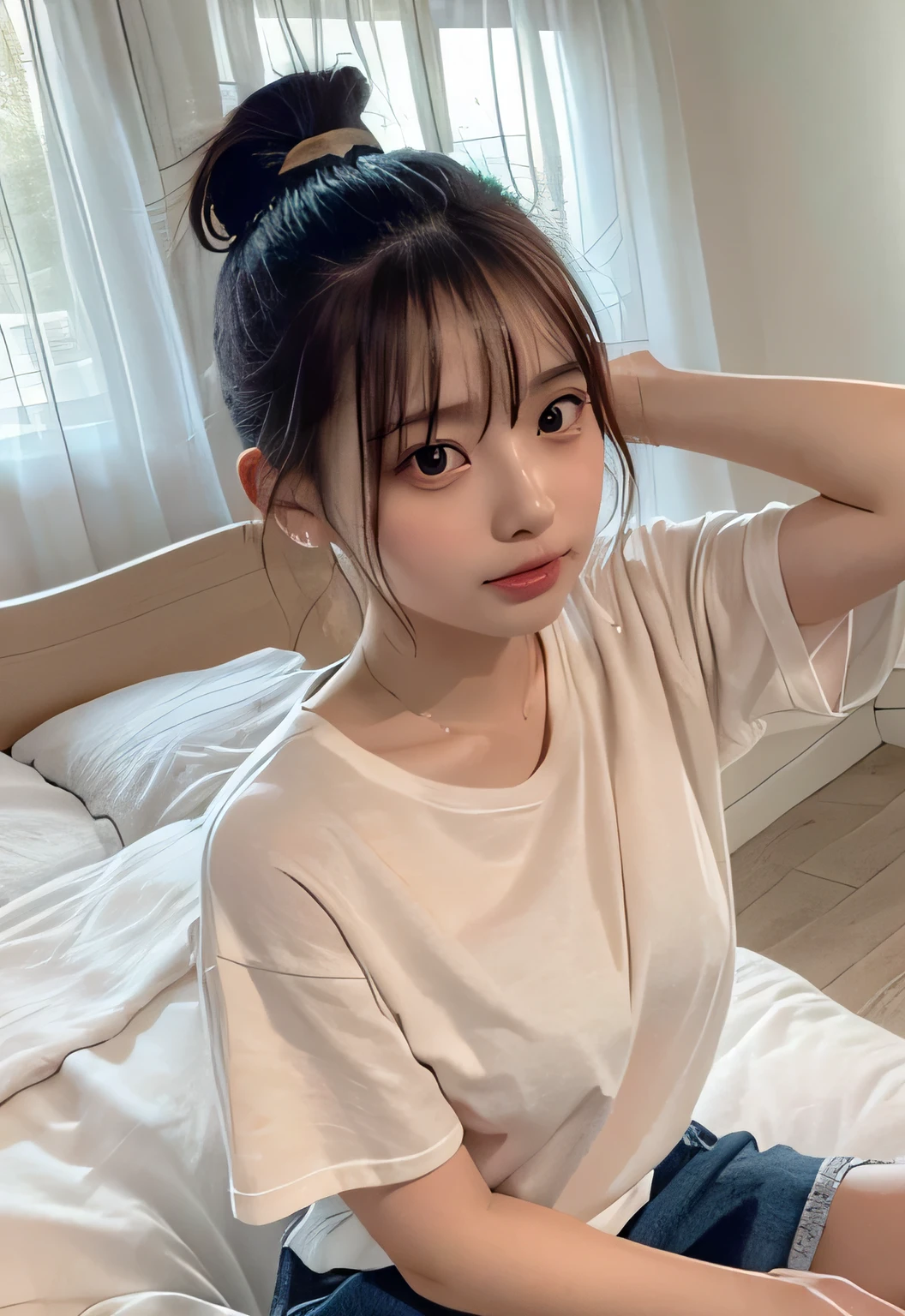 A young woman with middle short hair, sitting on a bed, gently pulling her hair back into a loose ponytail. The soft light casts gentle shadows on her face, enhancing her youthful beauty. Her casual outfit adds to the relaxed vibe of the scene, making it feel intimate and personal.