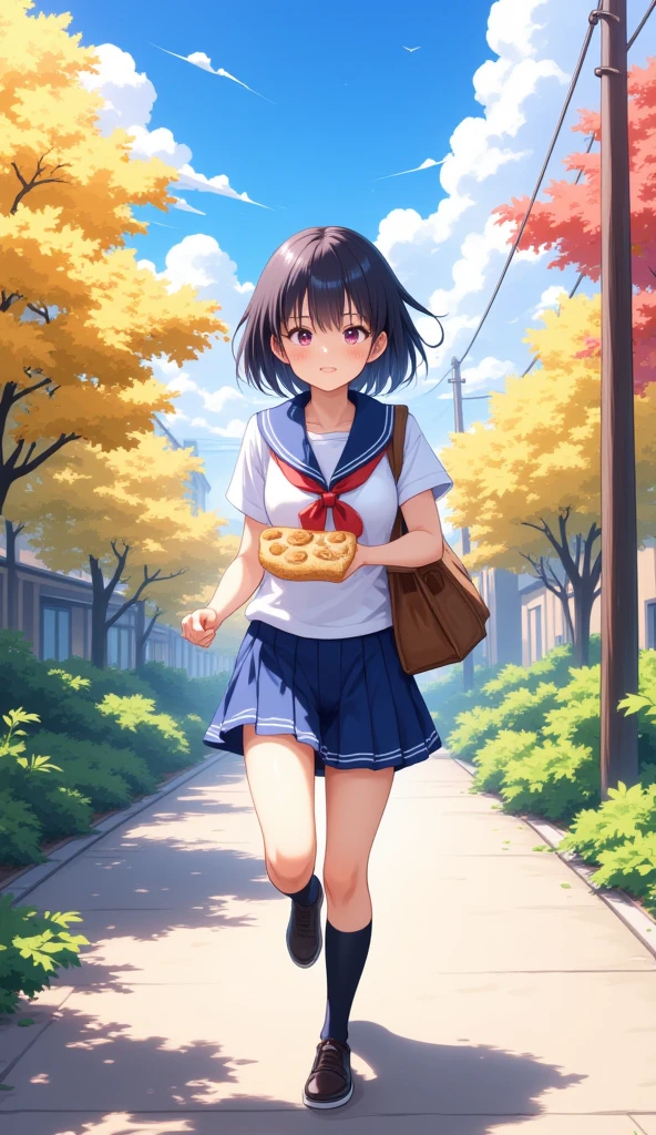 （masterpiece、high quality、High image quality、4K、8k、 Details）、 that captures a vibrant and charming atmosphere、Japanese high school girls（Beautiful Face、Shining Eyes、Disheveled Hair、Well-proportioned body、Running）、 light and adorable anime style 、Holding a bag in one hand 、 how to run with momentum 、 slept and couldn't even eat breakfast and seemed to be late for school 、 wearing a classic sailor suit 、Running through a residential area 、 running out of the house in a hurry 、 refreshing scenery with morning light、 A girl holding a slice of sliced bread 、Light and adorable Japanese anime style 、Makoto Shinkai style