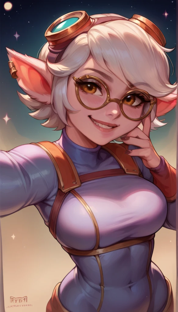 ((Cinematic light, Best quality, 8k, Masterpiece :1.3)), 1girl, Beautiful woman with thin abs :1.4, ((white short hair)), seductive, bed, (((ultra-detailed face, close up of face, portrait))) best quality, Tristana, trying to be sexy, (((mouth open, showing a tongue, drooling a lot))), ((eyes turned away, ahegao)), steamy, sexual teasing, delicate and beautiful, (((Glasses))), (((purple skin))),((showing boobs)), goth makeup