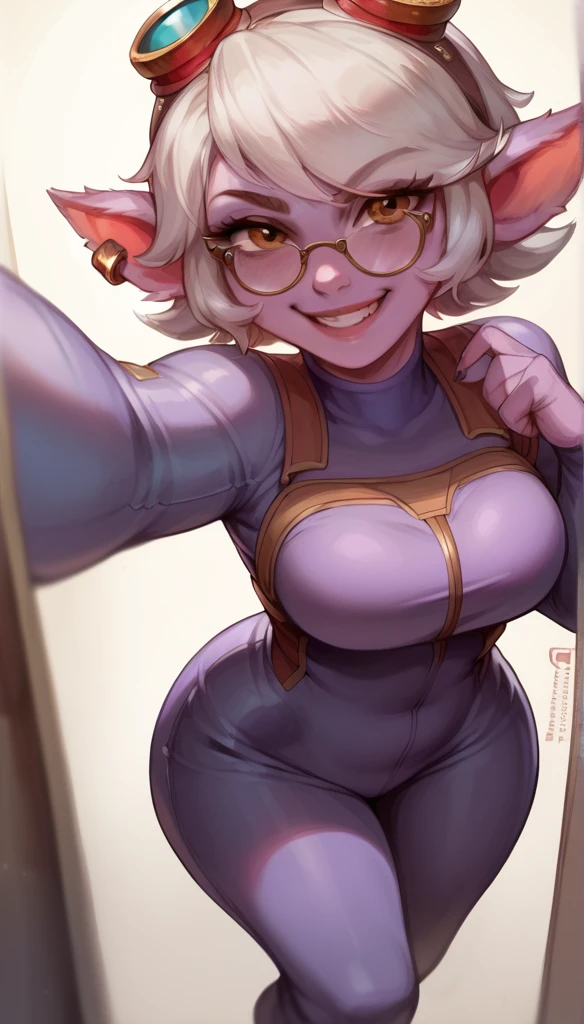 Woman Tristana Fun LOL , sexy, Selfie, scene, Space workshop ,  welder glasses on her head, purple robe clear,  Mischievous smile , voluptuous, sexy mechanical jumpsuit.