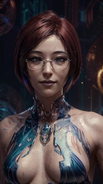 close-up,  upper body. Short, red hair, green eyes,  metal-framed glasses , traditional clothing, joyful smile, cheerful girl . (masterpiece, top quality,  Best quality ,  official art ,  beautiful and aesthetic :1.2),  extremely detailed ,( fractal art :1.2),Colorful,The most detailed, (dynamic pose), (abstract background:1.5), ( lots of colors :1.4). ((SPLIT.  skin texture , shiny skin. elegance. photorealism.  unreal engine .  3d Model.  Ultra high quality textures.  high detail. permission 8k))