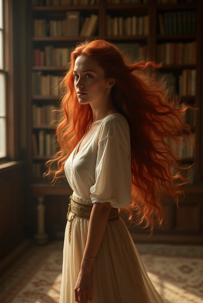 Woman with long hair standing in a room, soft light from the side, still photo from behind view, inspired by Nan Goldin, side portrait of imogen poots, Anna Nikonova aka Newmilky, photo from behind, waist length red hair, in a cape with long hairs, ethereal backlight, view from behind, backlight