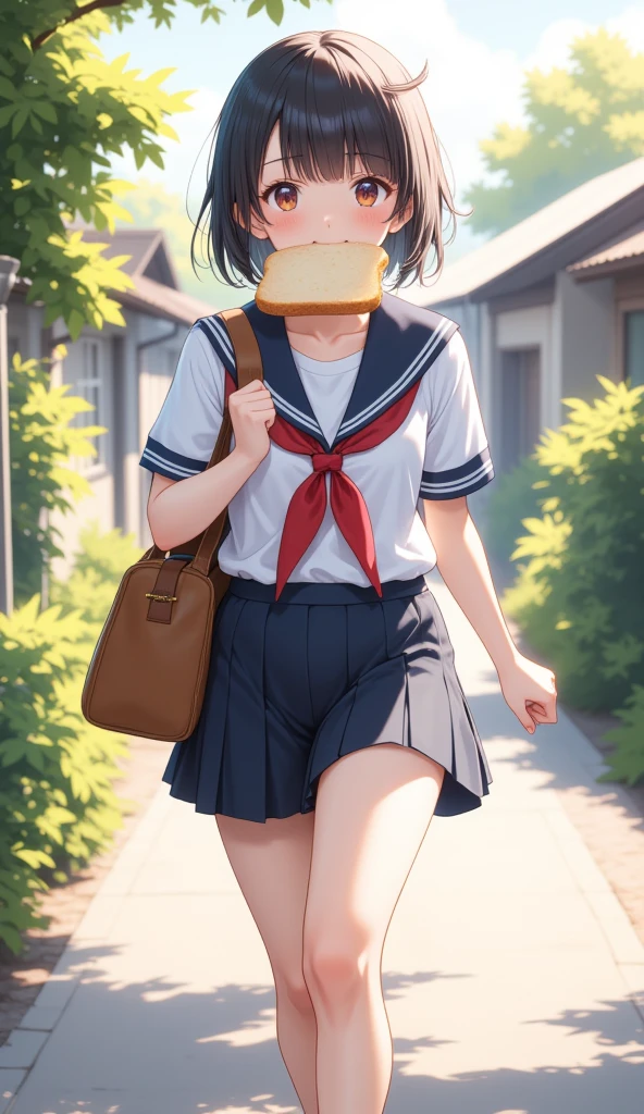 （masterpiece、high quality、High image quality、4K、8k、 Details）、Girl holding a slice of sliced bread in her mouth、Japanese high school girls（Beautiful Face、Shining Eyes、Disheveled Hair、Well-proportioned body、Running）、 light and adorable anime style 、Holding a bag in one hand 、 how to run with momentum 、 slept and couldn't even eat breakfast and seemed to be late for school 、 wearing a classic sailor suit 、Running through a residential area 、 running out of the house in a hurry 、 refreshing scenery with morning light、 A girl holding a slice of sliced bread 、Light and adorable Japanese anime style 、Makoto Shinkai style、 close-up 、