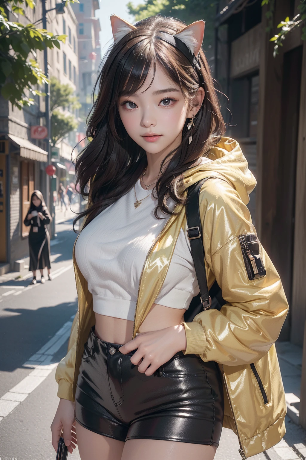 (((top-quality, 8K,超A high resolution、ultra-detailliert))),1girl in,female high-school student,a beauty girl,Street attire,(( t, silver pants,backpack))、(( )、( light black hair,Colorful Extended Hair),perfectbody,skinny, Tied waist,Beautiful face, acurate, Anatomically correct, Highly detailed face and skin texture, Big eyes drawn in detail, Double eyelids, Thin eyebrows, Glitter Eyeliner: 1 Natural cheeks, Glossy skin, Fair skin: 1.2, (Glossy lips: 1.4),Highly detailed facial and skin texture, Detailed eyes, Double eyelids, Natural cheeks, , shiny lips: 1.4,Simple necklace and earrings,Smile and watch the viewer,Walking in the city,【Not blurry,profetional lighting,Professional effects、(masutepiece: 1.3), (max resolution: 1.2), (Ultra HDTV: 1.2),octanerender, Fujifilm X100, Intense cinematic shots, Shallow depth of field, Volumetric lighting, kintsugi,(8K、Raw photography、masterpiece:1.4)、(realisitic、Photorealsitic:1.37)、Shot with CineStill 800T、(Extreme top quality:1.3)、((depth of fields:))、absurderes、(超A high resolution、extremery detailed CG、hight resolution、realisitic、ultra-detailliert、a picture、A hyper-realistic、ultra-detailliert、Cinematic atmosphere、8K UHD、insanely detaileda、trending on artstationh、awardwinning photo、extremely detailed photo、hight resolution:1.5)】No tags or text