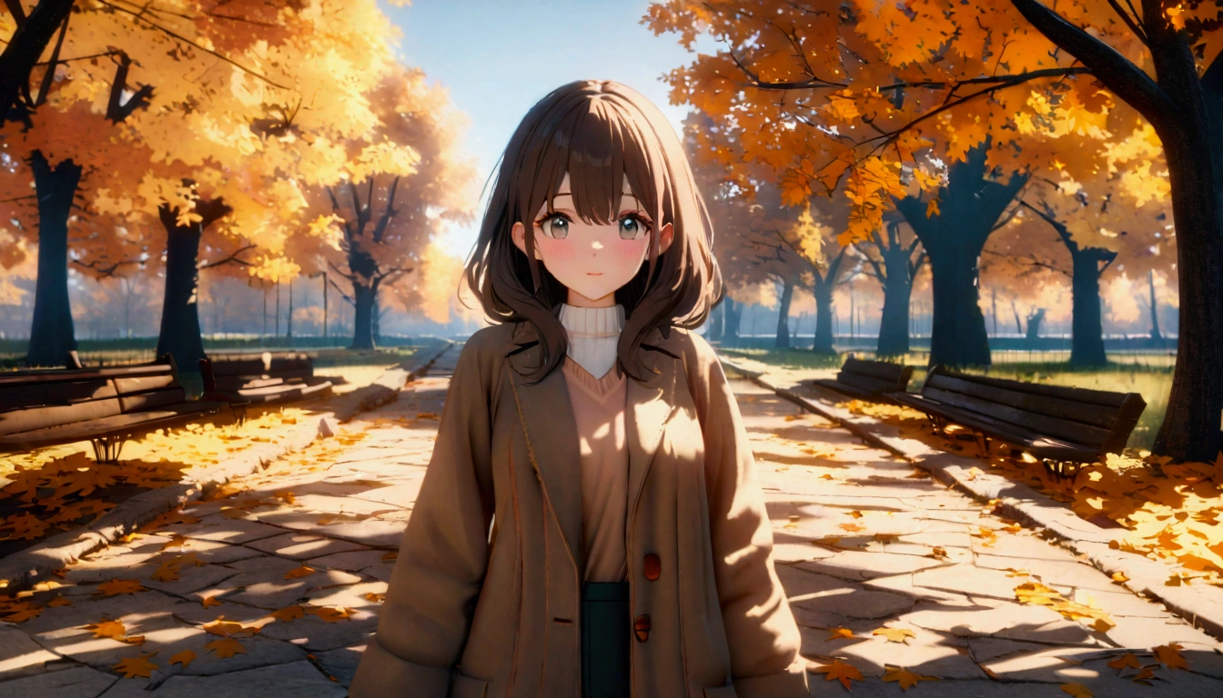 Personal point of view, young beautiful woman, autumm leaves in park, professional color grading, perfect, 8K, ultra-detailed, Octane render, Unreal Engine, style of Makoto Shinkai,