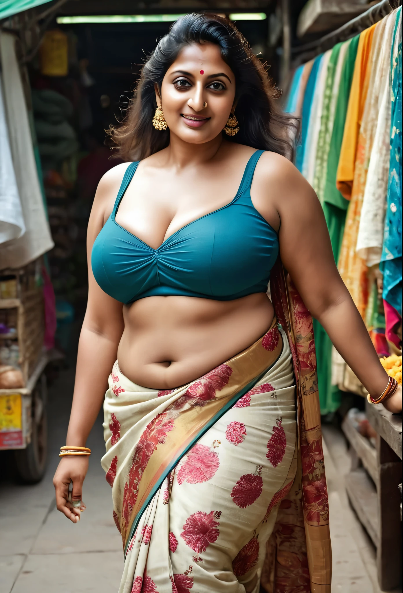 a tall very busty beautiful desi Aunty 40 year old, very toned , realistic, natural light, plus size figure, curvy, big breasts, thick, running at market, wearing floral saree with sleeveless blouse, back view, ass view, side breasts, soft jiggly breasts, hyper realistic skin, light freckles on skin, in her home, high heels, full size image, realistic HD 3K image,