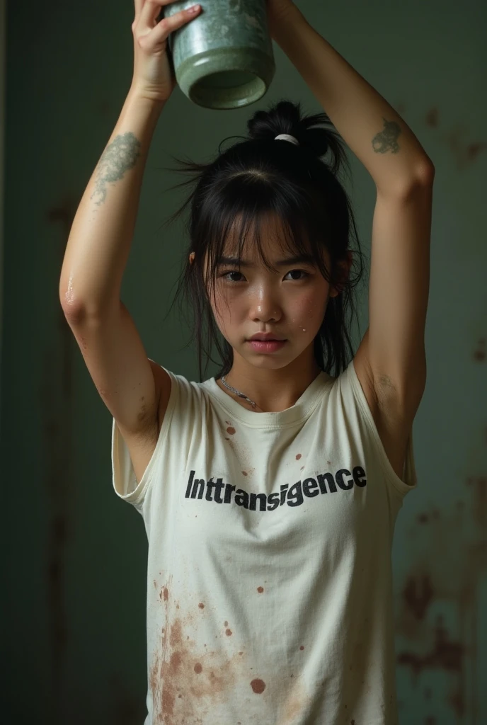 Picture of a 14 year old Thai girl, flat chested, dusty face, messy hair., Wearing a torn and very dirty t-shirt with exposed shoulders., Not wearing pants, Revealing her breasts and pussy., Standing in a dirty alley at night.