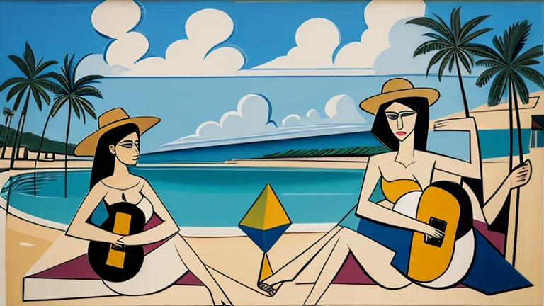 male, And female cubist paintings, water, return, Picasso, guitar, Beach, palm trees