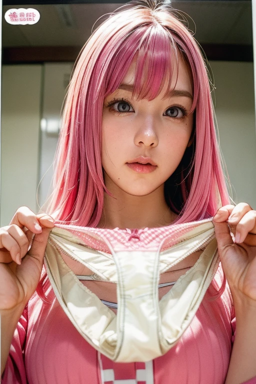 Very large stripes々Patterned panties、pale peach-colored hair、Face is close、Close face、Panties in front、Showing panties、Very big panties、Pretty big panties