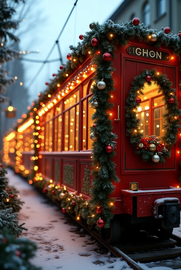  The train, which is divided into thin columns, is decorated for Christmas, I'm showing the side of the outside