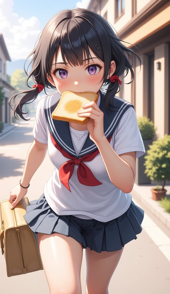 （masterpiece、high quality、High image quality、4K、8k、 Details）、 holding a slice of sliced bread in her mouth、Japanese high school girls（Beautiful Face、Shining Eyes、Disheveled Hair、Well-proportioned body、Running）、 light and adorable anime style 、A girl holding a bag in one hand 、 raising her thighs high and running in a hurry 、 running with her arms falling back and forth in a hurry 、Holding a bag in one hand 、 how to run with momentum 、 wearing a classic sailor suit 、Residential Street、 running out of the house in a hurry 、 refreshing scenery with morning light、 A girl holding a slice of sliced bread 、Light and adorable Japanese anime style 、Makoto Shinkai style、 close-up 、