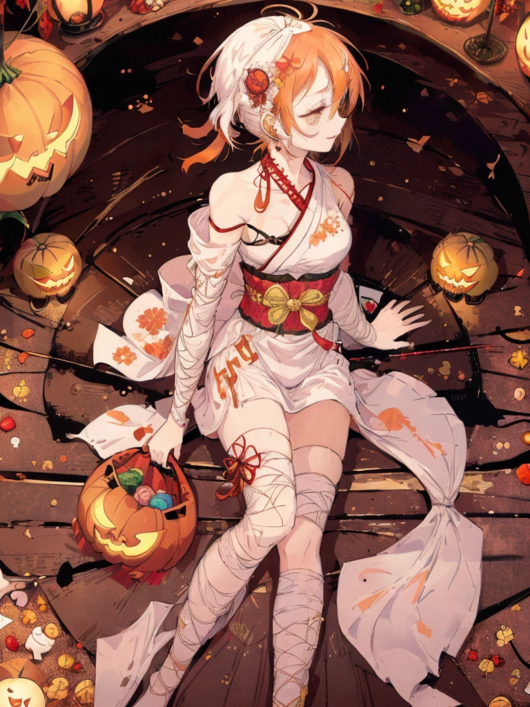 (((  best quality)), ((masterpiece)), ( Details), (shrine,  Japanese festival:1.2),  one mummy girl , golden eyes,  white skin, red hair,  Side Tails,Bandaged arm, bandaged legs ,Bandaged Head,Bandaged neck,Bandaged Chest,Open white kimono , sleeveless,Asymmetrical bangs, Crazy Smile ,Red lips,Zombie Makeup,Showing teeth, opens her mouth,  slim figure, Thin chest,Chibi ,Japanese bat lanterns,Mini Ghost,Little white fox ,Side view,profile, sandy beach,I have a basket filled with candy,Jack-o-lantern,