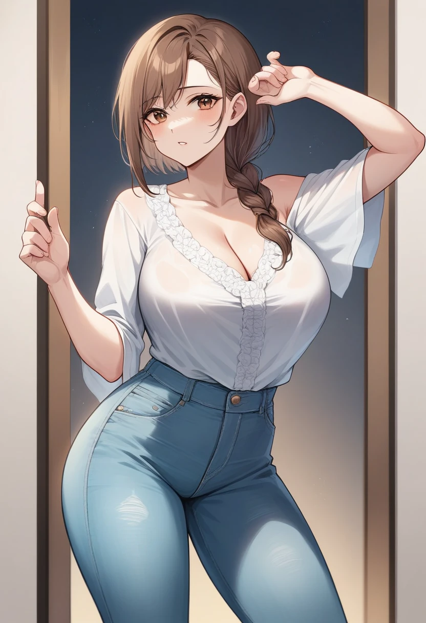 A 45-year-old woman named Lucy, with an attractive and confident demeanor. She has long, wavy brown hair cascading over her shoulders and warm brown eyes that reflect both strength and vulnerability. Lucy is dressed in a stylish, fitted blouse and jeans that highlight her big boobs curvy figure, exuding elegance and allure. She stands in a beautifully decorated living room, filled with soft, natural light, and the decor reflects a cozy yet sophisticated style. In the background, there are family photos and a hint of modern art. Lucy's expression is one of contemplation, hinting at her complex emotional landscape as a single mother navigating her desires and relationships.