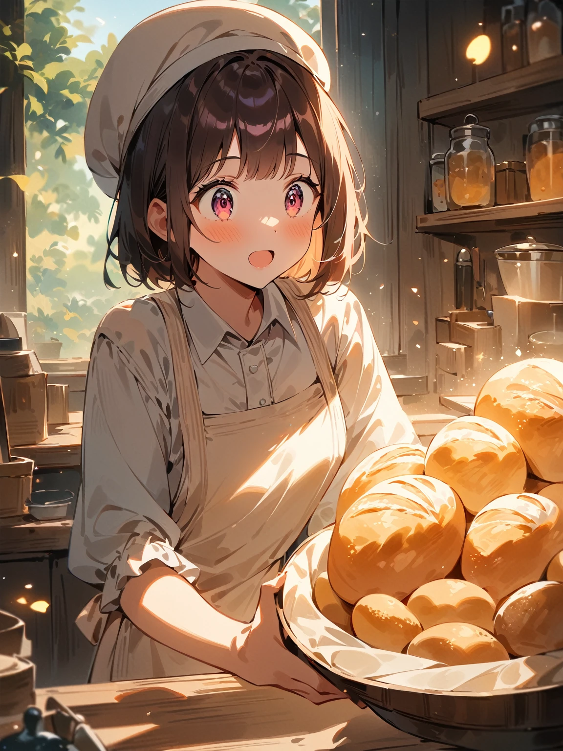 A cute anime-style girl working as a baker, wearing an apron and a baker's hat. She is holding a freshly baked magical loaf of bread that glows with a bright, enchanting light, and she looks surprised and delighted. The background is a cozy bakery filled with other freshly baked bread, wooden shelves, and baking tools hanging on the walls. The warm light from the magical bread illuminates the girl's face and the surrounding area, creating a whimsical and fantastical atmosphere.

(masterpiece, best quality, very aesthetic, absurdres), (8k, RAW photo, best quality), (extremely detailed 8k wallpaper),