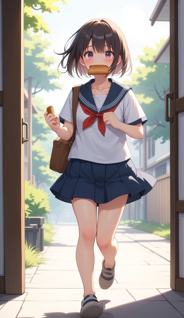 （masterpiece、high quality、High image quality、4K、8k、 Details）、 holding a slice of sliced bread in her mouth、Japanese high school girls（Beautiful Face、Shining Eyes、Disheveled Hair、Well-proportioned body、Running）、 light and adorable anime style 、The bag is hanging diagonally over the body、 raising her thighs high and running in a hurry 、 running with her arms falling back and forth in a hurry 、Holding a bag in one hand 、 how to run with momentum 、 wearing a classic sailor suit 、Residential Street、 running out of the house in a hurry 、 refreshing scenery with morning light、 A girl holding a slice of sliced bread 、Light and adorable Japanese anime style 、Makoto Shinkai style、 close-up 、