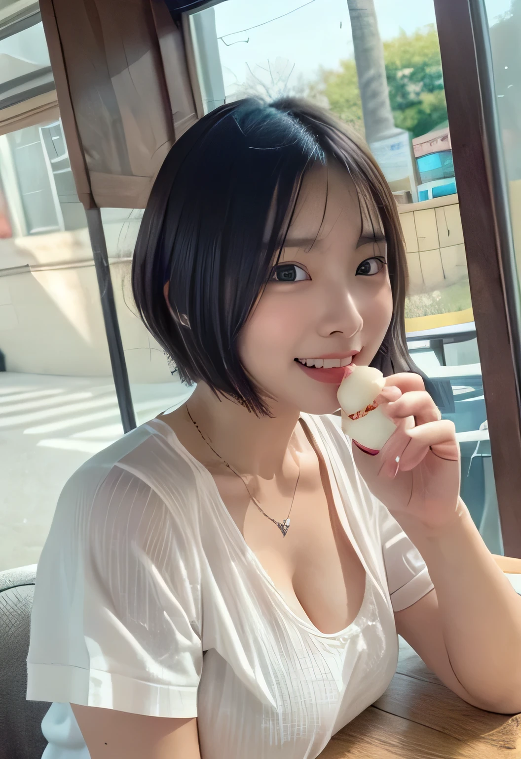 A young woman with middle short hair, playfully touching her lips with her finger while holding a delicious ice cream cone. She has a teasing smile on her face, and her casual outfit enhances her youthful charm. The soft lighting in the background creates a warm and inviting atmosphere, adding a hint of flirtation to the scene.