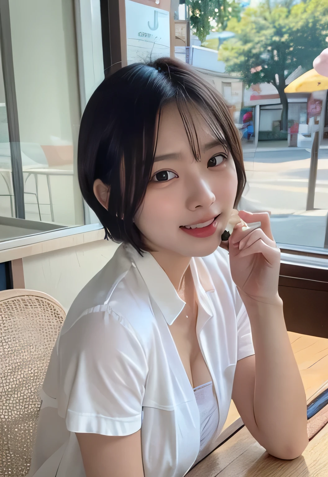 A young woman with middle short hair, playfully touching her lips with her finger while holding a delicious ice cream cone. She has a teasing smile on her face, and her casual outfit enhances her youthful charm. The soft lighting in the background creates a warm and inviting atmosphere, adding a hint of flirtation to the scene.