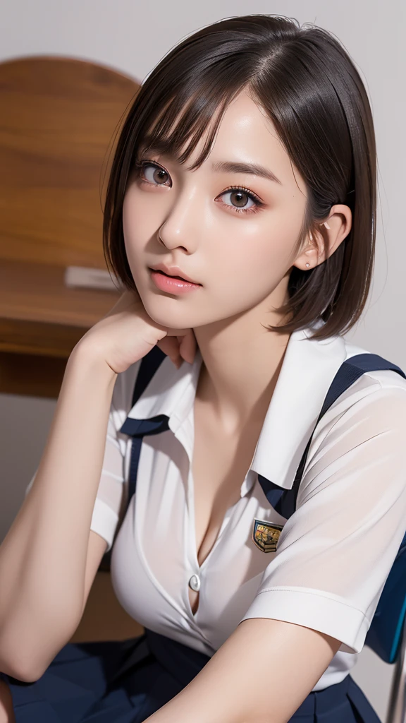 (Realistic, super high definition,Ultra fine,32K, super realistic,slim,masterpiece,Best Quality,RAW Photos,Ultra detailed face),(Ultra short hair),Age 30,Exposed cleavage,Wide double eyelids,(school uniform:1.3),(Small breasts), sit on a chair,(bangs)