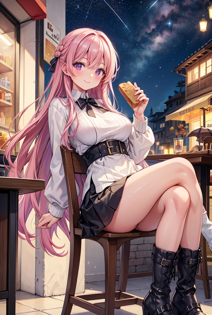  1 girl, solo,  High Resolution , Long Hair, (Large Breasts), smile, Woman in her 20s, Pink Hair,  simple background, Violet eyes,  High Resolution , masterpiece, accurate,  anatomically correct,  Multiple Award Winners , 最high quality,  detail, 高い detail,  high definition models, high quality, Retina,  very detailed ,  textured skin,  ultra-fine, Highlight the whole body, White knit,  miniskirt, Sit on a chair, autumn, night, Italian Streetscape , Italian cafe ,  with coffee, Bare legs, Terrace seats, Starry Sky, Hair accessories,  long boots for stepping on bread, Emphasize the upper body,