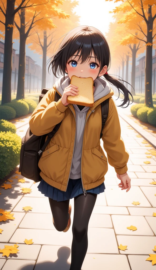 （masterpiece、high quality、High image quality、4K、8k、 Details）、Girl holding a slice of sliced bread in her mouth、Japanese high school girls（Beautiful Face、Shining Eyes、Disheveled Hair、Well-proportioned body、Running）、 light and adorable anime style 、 backpack in autumn hiking clothes、 I'm running in a hurry with my thighs raised high、 running with her arms falling back and forth in a hurry 、Holding a bag in one hand 、 how to run with momentum 、 wearing a classic sailor suit 、 running out of the house in a hurry 、 refreshing scenery with morning light、 A girl holding a slice of sliced bread 、Light and adorable Japanese anime style 、 close-up 、30-degree body angle 